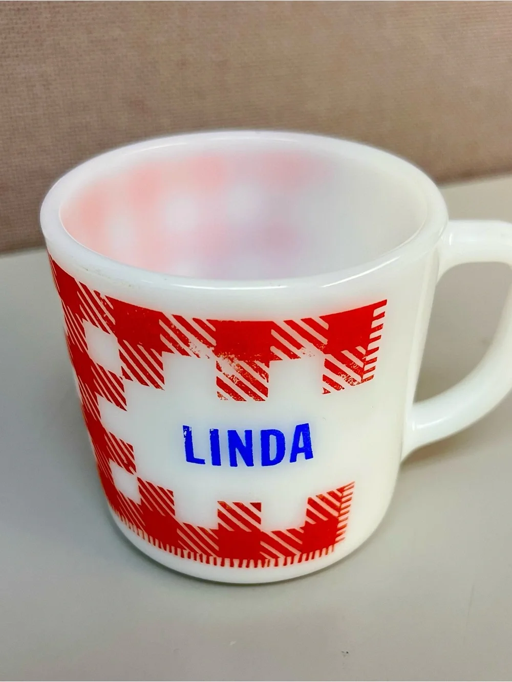 Personalized Vintage Westfield White Milk Glass Mug with Red Gingham and